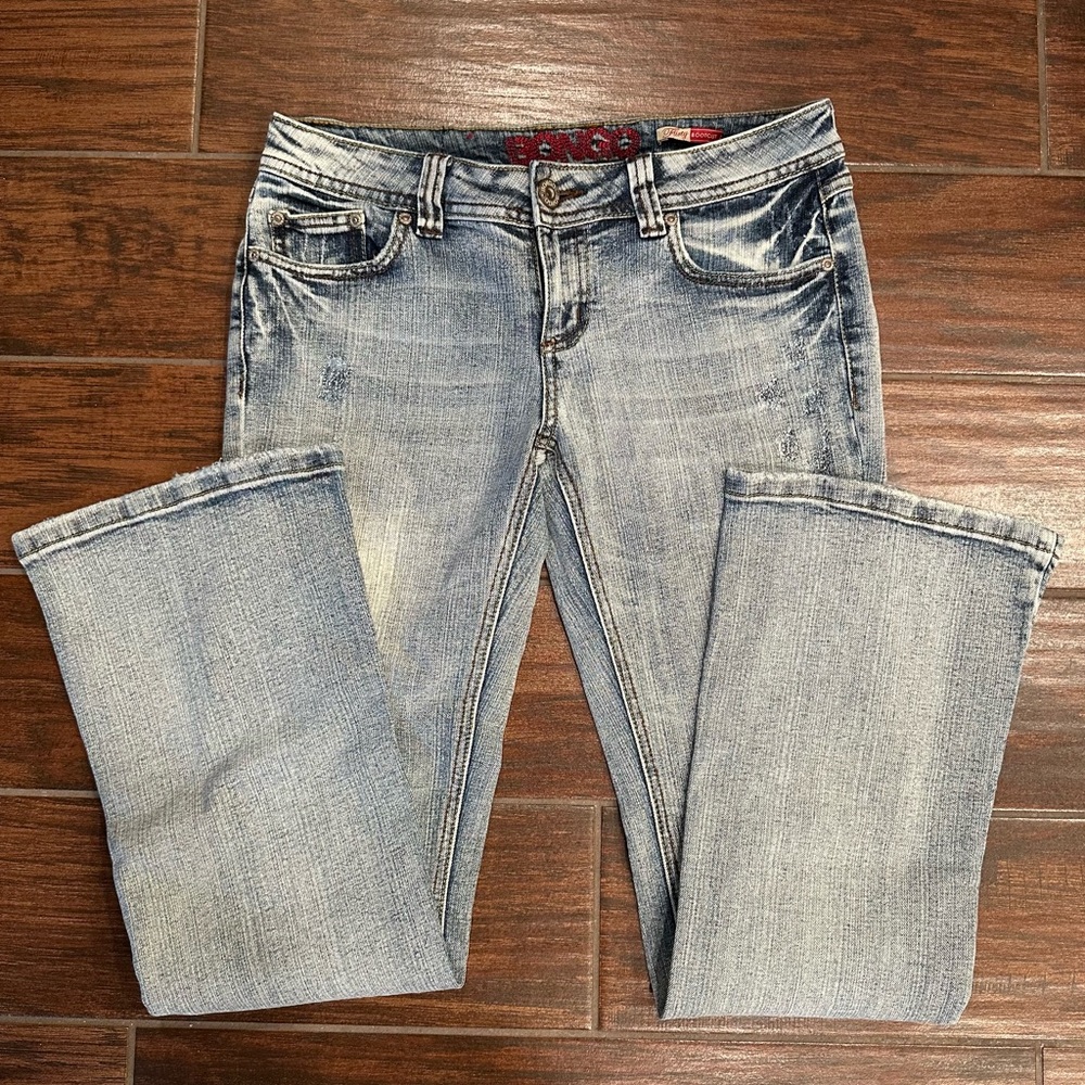 BONGO Blue Flirty Boot Cut Jeans with Distressed Vintage Look